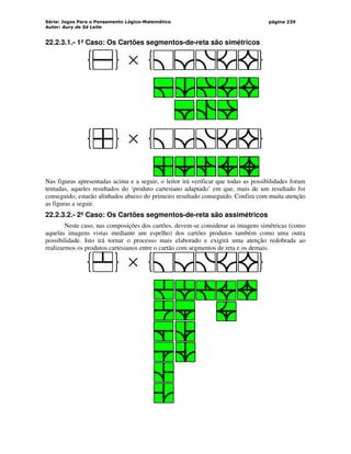 Série: Jogos Para o Pensamento Lógico-Matemático
Autor: Aury de Sá Leite
página 239
22.2.3.1.- 1º Caso: Os Cartões segmentos-de-reta são simétricos
×
×
Nas figuras apresentadas acima e a seguir, o leitor irá verificar que todas as possibilidades foram
tentadas, aqueles resultados do ‘produto cartesiano adaptado’ em que, mais de um resultado foi
conseguido, estarão alinhados abaixo do primeiro resultado conseguido. Confira com muita atenção
as figuras a seguir.
22.2.3.2.- 2º Caso: Os Cartões segmentos-de-reta são assimétricos
Neste caso, nas composições dos cartões, devem-se considerar as imagens simétricas (como
aquelas imagens vistas mediante um espelho) dos cartões produtos também como uma outra
possibilidade. Isto irá tornar o processo mais elaborado e exigirá uma atenção redobrada ao
realizarmos os produtos cartesianos entre o cartão com segmentos de reta e os demais.
×
 