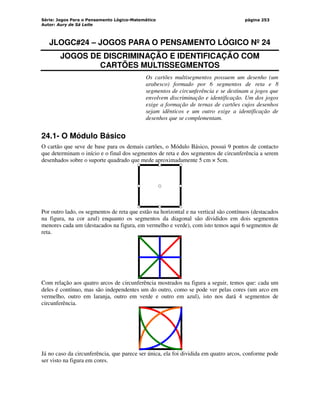 Série: Jogos Para o Pensamento Lógico-Matemático
Autor: Aury de Sá Leite
página 253
JLOGC#24 – JOGOS PARA O PENSAMENTO LÓGICO Nº 24
JOGOS DE DISCRIMINAÇÃO E IDENTIFICAÇÃO COM
CARTÕES MULTISSEGMENTOS
Os cartões multisegmentos possuem um desenho (um
arabesco) formado por 6 segmentos de reta e 8
segmentos de circunferência e se destinam a jogos que
envolvem discriminação e identificação. Um dos jogos
exige a formação de ternas de cartões cujos desenhos
sejam idênticos e um outro exige a identificação de
desenhos que se complementam.
24.1- O Módulo Básico
O cartão que seve de base para os demais cartões, o Módulo Básico, possui 9 pontos de contacto
que determinam o início e o final dos segmentos de reta e dos segmentos de circunferência a serem
desenhados sobre o suporte quadrado que mede aproximadamente 5 cm × 5cm.
Por outro lado, os segmentos de reta que estão na horizontal e na vertical são contínuos (destacados
na figura, na cor azul) enquanto os segmentos da diagonal são divididos em dois segmentos
menores cada um (destacados na figura, em vermelho e verde), com isto temos aqui 6 segmentos de
reta.
Com relação aos quatro arcos de circunferência mostrados na figura a seguir, temos que: cada um
deles é contínuo, mas são independentes um do outro, como se pode ver pelas cores (um arco em
vermelho, outro em laranja, outro em verde e outro em azul), isto nos dará 4 segmentos de
circunferência.
Já no caso da circunferência, que parece ser única, ela foi dividida em quatro arcos, conforme pode
ser visto na figura em cores.
 