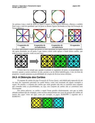 Volume 1: Jogos Para o Pensamento Lógico
Versão: janeiro/2011
página 254
Ao unirmos (veja o sinal de união na figura a seguir) as três figuras anteriores, obtemos o módulo
final (veja o sinal de igualdade) que irá gerar as demais figuras destinadas ao Jogo da Formação de
Ternas idênticas.
O módulo apresentado a seguir não possui as cores mostradas na figura anterior, todos os segmentos
são agora mostrados na cor preta, o que iramos colorir serão apenas o fundo destes cartões, que
terão as corres: amarelo, verde ou azul-claro.
O leitor deve ter notado que, quando se pintam os segmentos de preto, as propriedades dos
mesmos, quanto a serem contínuos ou não, passam a ser de difícil identificação, e isto, foi feito de
propósito, visando aumentar as possibilidades de criação de diversas ternas distintas.
24.2- A Obtenção dos Cartões
O conjunto de cartões do jogo Formação de Ternas Iguais, será obtido pela supressão de um
ou mais dos segmentos presentes no cartão básico, como será mostrado em alguns exemplos a
seguir. No entanto, o conjunto dos cartões que serão gerados não irão se constituir num conjunto
que contenha todas as possibilidades, ou seja, este conjunto de cartões não se constituirá num
micromundo.
Em outras palavras: os cartões a seguir foram gerados aleatoriamente, sem que se tenha
adotado nenhum tipo de estratégia, como ocorreu anteriormente nos casos da geração dos cartões de
muitos dos jogos vistos até aqui, como por exemplo, os jogos: JLOGC#01 e seguintes até o
JLOGC#11.
U =
U
6 segmentos de 4 segmentos de 4 segmentos de 14 segmentos
reta circunferência circunferência
 