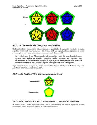 Série: Jogos Para o Pensamento Lógico-Matemático
Autor: Aury de Sá Leite
página 275
4,5 cm
27.2.- A Obtenção do Conjunto de Cartões
Os desenhos destes cartões serão obtidos segundo as quantidades de segmentos constantes no cartão
escolhido como sendo o cartão básico – 10, 9, 8, ..., até 5 –, e a quantidade de segmentos do cartão
a ele complementar – respectivamente com zero, zero, 1, 2, 3, ..., até 5.
Na verdade este é um Micromundo não completo – não há uma heurística que
garanta que todos os cartões possíveis serão gerados; no entanto, este
micromundo é fechado com relação à operação de complementação entre os
desenhos constantes dos Cartões Lógicos Pentagonais Lados e Diagonais.
Veja a seguir, como exemplo, a geração dos Cartões Lógicos Pentagonais Lados e Diagonais
com fundo amarelo e bordas verde-claro.
27.2.1.- Os Cartões ‘10’ e seu complementar ‘zero’
10 segmentos
0 segmentos
27.2.2.- Os Cartões ‘9’ e seu complementar ‘1’ – 4 cartões distintos
A geração destes cartões segue o seguinte critério: supressão de um lado ou supressão de uma
diagonal no cartão básico e a geração de seus complementares.
 