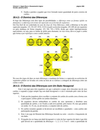 Volume 1: Jogos Para o Pensamento Lógico
Versão: janeiro/2011
página 286
9. Ganha a partida o jogador que tiver formado maior quantidade de pares corretos de
cartões.
28.4.2.- O Dominó das Diferenças
O Jogo das Diferenças terá dois tipos de possibilidades: a diferença entre as formas (globo ou
diamante) e a diferença em termos de supressão ou acréscimo de segmentos.
Isto fica fácil de ser controlado no caso do Jogo de Uma Diferença, onde a diferença se faz pela
supressão (jogadas: 1/2, 3/4, 6/7, 9/10, 11/12) ou pelo acréscimo (jogadas: 4/5, 8/9) de um segmento
ou pela mudança de forma (jogadas: 2/3, 5/6, 7/8 e 9/10), desde que sejam topologicamente
equivalentes, ou seja, para se mudar de globo para diamante, ou vice-versa, deve-se jogar o cartão
que forma o par topológico com o cartão anterior.
[1] [2] [3] [4] [5]
[6]
[7]
[9] [8]
[11] [12]
[10]
No caso dos jogos de duas ou mais diferenças, a mudança de forma e a supressão ou acréscimo de
segmentos podem ser levadas em conta na hora de se realizar a contagem de diferenças entre um
cartão e outro.
28.4.3.- O Dominó das Diferenças com Um Dado Hexagonal
Este é um jogo para dois jogadores em que o primeiro a jogar, deve descartar um de seus
cartões, o segundo a jogar sempre laça um dado hexagonal e o seu é orientado pelo valor da face
superior .
1. Cada um dos jogadores deve escolher o conjunto de cartões de acordo com a forma com
a qual jogará: cartões-globo ou cartões-diamante;
2. Os jogadores devem embaralham os cartões de seus oponentes e distribuir uma
quantidade de cartões, a ser fixada a cada nova partida: pelo menos 10, mas que podem
ser ainda: 12, 15, etc, ou até mesmo, o conjunto todo de cartões.
3. Os cartões restantes quando os há devem ser recolhidos e guardados – estes cartões não
participarão da partida.
4. Este é um jogo de Dominó das Diferenças baseado na sorte – envolve o lançamento de
um dado;
5. O jogador da vez lança um dado hexagonal e o valor da face superior do dado é que dirá
qual deverá ser a quantidade de diferenças – 1, 2, 3, 4, 5 ou 6 – entre a quantidade de
 