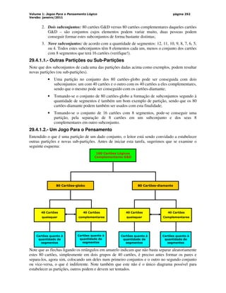 Volume 1: Jogos Para o Pensamento Lógico
Versão: janeiro/2011
página 292
2. Dois subconjuntos: 80 cartões GD versus 80 cartões complementares daqueles cartões
GD – são conjuntos cujos elementos podem variar muito, duas pessoas podem
conseguir formar estes subconjuntos de forma bastante distintas;
3. Nove subconjuntos: de acordo com a quantidade de segmentos: 12, 11, 10, 9, 8, 7, 6, 5,
ou 4. Todos estes subconjuntos têm 8 elementos cada um, menos o conjunto dos cartões
com 8 segmentos que terá 16 cartões (verifique!).
29.4.1.1.- Outras Partições ou Sub-Partições
Note que dos subconjuntos de cada uma das partições dadas acima como exemplos, podem resultar
novas partições (ou sub-partições).
• Uma partição no conjunto dos 80 cartões-globo pode ser conseguida com dois
subconjuntos: um com 40 cartões e o outro com os 40 cartões a eles complementares,
sendo que o mesmo pode ser conseguido com os cartões-diamante;
• Tomando-se o conjunto de 80 cartões-globo a formação de subconjuntos segundo à
quantidade de segmentos é também um bom exemplo de partição, sendo que os 80
cartões-diamante podem também ser usados com esta finalidade;
• Tomando-se o conjunto de 16 cartões com 8 segmentos, pode-se conseguir uma
partição, pela separação de 8 cartões em um subconjunto e dos seus 8
complementares em outro subconjunto.
29.4.1.2.- Um Jogo Para o Pensamento
Entendido o que é uma partição de um dado conjunto, o leitor está sendo convidado a estabelecer
outras partições e novas sub-partições. Antes de iniciar esta tarefa, sugerimos que se examine o
seguinte esquema:
160 Cartões Lógicos
Complementares GD
80 Cartões-globo 80 Cartões-diamante
40 Cartões
quaisquer
40 Cartões
complementares
40 Cartões
quaisquer
40 Cartões
Complementares
Cartões quanto à
quantidade de
segmentos
Cartões quanto à
quantidade de
segmentos
Cartões quanto à
quantidade de
segmentos
Cartões quanto à
quantidade de
segmentos
Note que as flechas ligando os retângulos em amarelo indicam que não basta separar aleatoriamente
estes 80 cartões, simplesmente em dois grupos de 40 cartões, é preciso antes formar os pares e
separa-los, agora sim, colocando um deles num primeiro conjuntos e o outro no segundo conjunto
ou vice-versa, o que é indiferente. Note também que este não é o único diagrama possível para
estabelecer as partições, outros podem e devem ser tentados.
 