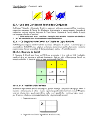 Volume 1: Jogos Para o Pensamento Lógico
Versão: janeiro/2011
página 298
30.4.- Uso dos Cartões na Teoria dos Conjuntos
Os Cartões Triângulos e Quadrados Rotadores podem ser utilizados para exemplificar conceitos e
concretizar operações da Teoria dos Conjuntos: discriminação e sequenciamento; formação de
conjuntos a partir de rótulos e diagramas de Venn-Eüler e Diagrama de Carroll; tabelas de dupla
entrada como o Produto Cartesiano.
O leitor interessado nestes conceitos e operações deve retomar e estudar em detalhes o
JLOGC#01 onde todas estas idéias são exaustivamente abordadas.
30.4.1.- Os Diagramas de Carroll e a Tabela de Dupla Entrada
No CD-R que acompanha este livro o leitor encontrará o Diagrama de Carroll – exatamente igual ao
encontrado no JLOGC#01, mas adaptado ao tamanho destes novos cartões, bem como o material
para recortar e elaborar a sua tabela de dupla entrada para realizar o Produto Cartesiano.
30.4.1.1.- Diagrama de Carroll
O Diagrama de Carroll que figura no CD-R que acompanha o livro está em V.G. (verdadeira
grandeza) deve ser impresso e utilizado diretamente. Veja ao lado o Diagrama de Carroll em
tamanho reduzido. A forma de utilizá-lo pode ser vista na JLOGC#01.
A ~A
B A e B ~A e B
~B A e ~B ~A e ~B
30.4.1.2.- A Tabela de Dupla Entrada
A tabela de dupla entrada precisa ser composta, porque ela exige a junção de várias peças. Deve-se
imprimir a primeira parte da tabela – o canto superior esquerdo onde se encontra o sinal ‘X’ apenas
uma vez, e tantas vezes quanto necessário a malha com 6 quadrículas – mostrada logo a seguir –,
que devem ser coladas na primeira parte da tabela, veja no exemplo a seguir.
• Imprimir uma vez:
×
• Imprimir várias vezes dependendo da necessidade,
 
