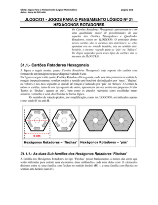 Série: Jogos Para o Pensamento Lógico-Matemático
Autor: Aury de Sá Leite
página 303
JLOGC#31 - JOGOS PARA O PENSAMENTO LÓGICO Nº 31
HEXÁGONOS ROTADORES
Os Cartões Rotadores Hexagonais apresentam-se com
uma quantidade maior de possibilidades do que
aquelas dos Cartões Triangulares e Quadrados
Rotadores, vistos no JLOGC#30. O princípio destes
novos cartões são os mesmos dos anteriores: as setas
apontam ora no sentido horário, ora no sentido anti-
horário, o mesmo valendo para as ‘pás’ ou ‘hélices’.
Os Jogos sugeridos para estes tipos de cartões são os
mesmos do JLOGC#30.
31.1.- Cartões Rotadores Hexagonais
A figura a seguir mostra quatro Cartões Rotadores Hexagonais cujo suporte são cartões com
formato de um hexágono regular diagonal valendo 6 cm.
Na figura a seguir estão quatro Cartões Rotadores Hexagonais, onde nos dois primeiros o sentido de
rotação (respectivamente: sentido horário e sentido anti-horário) são indicados por ‘setas’, ‘flechas’
ou vetores e nos dois seguintes o sentido de rotação é indicado por ‘pás’ ou ‘hélices’. O centro de
todos os cartões, tanto de um tipo quanto do outro, apresentam em seu centro um pequeno círculo.
Tantos as ‘flechas’, quanto as ‘pás’, bem como os círculos receberão cores escolhidas entre:
amarelo, vermelho e azul, distribuídas de forma lógica.
Os sentidos de rotação podem, por simplificação, como no JLOGC#30, ser indicados apenas
como sendo H ou anti-H.
6 cm
Hexágonos Rotadores – ‘flechas’ Hexágonos Rotadores – ‘pás’
31.1.1.- As duas Sub-famílias dos Hexágonos Rotadores ‘Flechas’
A família dos Hexágonos Rotadores do tipo ‘Flechas’ possui basicamente, a menos das cores que
serão utilizadas para colorir seus elementos, duas subfamílias cada uma delas com 11 elementos
distintos entre si: uma família com flechas no sentido horário (H) –, e uma família com flechas no
sentido anti-horário (anti-H).
 