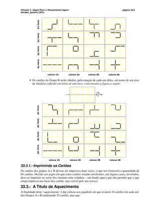Volume 1: Jogos Para o Pensamento Lógico
Versão: janeiro/2011
página 322
coluna 1A coluna 2A coluna 3A coluna 4A
linha
1A
linha
2A
linha
3A
linha
4A
• Os cartões do Grupo B serão obtidos, pela rotação de cada um deles, em torno de um eixo
de simetria (reflexão em torno de um eixo), como mostra a figura a seguir:
linha
1B
linha
2B
linha
3B
linha
4B
coluna 1B coluna 2B coluna 3B coluna 4B
33.3.1.- Imprimindo os Cartões
Os cartões dos grupos A e B devem ser impressos duas vezes, o que nos fornecerá a quantidade de
64 cartões. Devido aos jogos em que estes cartões estarão envolvidos, em alguns casos, invertidos,
deve-se imprimir no verso dos mesmos uma veladura – um fundo opaco que não permite que o que
esteja impresso nas faces dos cartões seja visível pelo seu avesso.
33.3.- A Título de Aquecimento
A finalidade deste ‘aquecimento’ é dar ciência aos jogadores de que existem 16 cartões em cada um
dos Grupos A e B totalizando 32 cartões, mas que:
 
