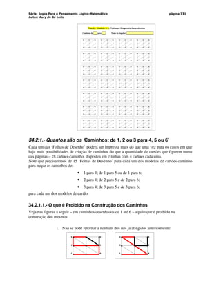 Série: Jogos Para o Pensamento Lógico-Matemático
Autor: Aury de Sá Leite
página 331
Tipo A – Modelo A-1: Todas as Diagonais Ascendentes
Caminhos de ___ para ___ Nome do Jogador: ______________________
3
2
1
6
5
4
3
2
1
6
5
4
3
2
1
6
5
4
3
2
1
6
5
4
3
2
1
6
5
4
3
2
1
6
5
4
3
2
1
6
5
4
3
2
1
6
5
4
3
2
1
6
5
4
3
2
1
6
5
4
3
2
1
6
5
4
3
2
1
6
5
4
3
2
1
6
5
4
3
2
1
6
5
4
3
2
1
6
5
4
3
2
1
6
5
4
3
2
1
6
5
4
3
2
1
6
5
4
3
2
1
6
5
4
3
2
1
6
5
4
3
2
1
6
5
4
3
2
1
6
5
4
3
2
1
6
5
4
3
2
1
6
5
4
3
2
1
6
5
4
3
2
1
6
5
4
3
2
1
6
5
4
3
2
1
6
5
4
34.2.1.- Quantos são os ‘Caminhos: de 1, 2 ou 3 para 4, 5 ou 6’
Cada um das ‘Folhas de Desenho’ poderá ser impressa mais do que uma vez para os casos em que
haja mais possibilidades de criação de caminhos do que a quantidade de cartões que figurem numa
das páginas – 28 cartões-caminho, dispostos em 7 linhas com 4 cartões cada uma.
Note que precisaremos de 15 ‘Folhas de Desenho’ para cada um dos modelos de cartões-caminho
para traçar os caminhos de:
• 1 para 4; de 1 para 5 ou de 1 para 6;
• 2 para 4; de 2 para 5 e de 2 para 6;
• 3 para 4; de 3 para 5 e de 3 para 6;
para cada um dos modelos de cartão.
34.2.1.1.- O que é Proibido na Construção dos Caminhos
Veja nas figuras a seguir – em caminhos desenhados de 1 até 6 – aquilo que é proibido na
construção dos mesmos:
1. Não se pode retornar a nenhum dos nós já atingidos anteriormente:
3
2
1
6
5
4
3
2
1
6
5
4
 