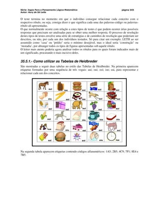 Série: Jogos Para o Pensamento Lógico-Matemático
Autor: Aury de Sá Leite
página 345
O teste termina no momento em que o indivíduo consegue relacionar cada conceito com o
respectivo rótulo, ou seja, consiga dizer o que significa cada uma das palavras-código ou palavras-
rótulo ali apresentadas.
O que normalmente ocorre com relação a estes tipos de testes é que podem ocorrer árias possíveis
respostas que precisam ser analisadas para se obter uma melhor resposta. O processo de resolução
destes tipos de testes envolve uma série de estratégias e de caminhos de resolução que poderiam ser
descritos, ou não, por cada um dos indivíduos testados. Só para citar um exemplo: LETH ao ser
assumido como ‘casa’ ou ‘prédio’ seria o mínimo desejável, mas o ideal seria ‘construção’ ou
‘moradia’, por abranger todos os tipos de figuras apresentadas sob aquele rótulo.
O leitor mais atento poderia agora analisar todos os rótulos para os quais foram indicados mais de
um significado, procurando o mais incisivo deles.
35.5.1.- Como utilizar as Tabelas de Heidbreder
São mostradas a seguir duas tabelas no estilo das Tabelas de Heidbreder. Na primeira aparecem
etiquetas formadas por uma sequência de três vogais: aui; oui; ooi; ioe; eai, para representar e
relacionar cada um dos conceitos.
aui
ioe ooi eai ooi
oiu aoi ioe aui eai
aoi eai
aui
ooi aoi
ooi aui oiu ioe oiu
ioe oiu eai aoi aui
eai ooi aoi oiu ioe
Na segunda tabela aparecem etiquetas contendo códigos alfanuméricos: 1A5; 2B5; 4C9; 7P1; 8E4 e
7B5.
 