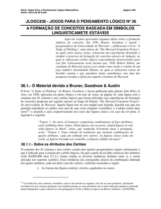 Série: Jogos Para o Pensamento Lógico-Matemático
Autor: Aury de Sá Leite
página 349
JLOGC#36 - JOGOS PARA O PENSAMENTO LÓGICO Nº 36
A FORMAÇÃO DE CONCEITOS BASEADA EM SÍMBOLOS
LINGUISTICAMETE ESTÁVEIS
Aqui nós iremos apresentar algumas idéias sobre a formação
indutiva de conceitos. Em 1956, Bruner, Goodnow e Austin –
pesquisadores da Universidade de Harvard –, publicaram o livro “A
Study of Thinking”, uma síntese do ‘The Harvard Cognition Project’,
no qual, entre outras coisas, relatavam um experimento destinado a
estudar o processo de formação de conceitos através de indução, no
qual se utilizavam cartões lógicos especialmente desenvolvidos para
este fim. Curiosamente neste mesmo ano, 1956, Robert Abbott, um
estudante de Harvard, passa a ser citado como sendo o criador de um
jogo indutivo denominado Elêusis, no qual se utilizavam cartas do
baralho comum e que guardava muita semelhança com uma das
pesquisas levadas a efeito por aqueles cientistas de Harvard.
36.1.- O Material devido a Bruner, Goodnow  Austin
O livro “A Study of Thinking” de Bruner, Goodnow e Austin publicado pela editora John Wiley 
Sons, em 1956, apresenta em preto, branco e em tons de cinza, na página 42, uma figura com o
conjunto dos 81 (oitenta e um) cartões lógicos que foram utilizados nas experiências de formação
de conceitos propostas por aqueles autores ao longo do Projeto ‘The Harvard Cognition Project’,
da universidade de Harvard. Aquela figura traz no seu rodapé uma legenda, legenda esta que nos
permitiu reproduzir os cartões com uma de suas cores originais (vermelho), e a adotar outras duas
cores20
: o amarelo e azul, respectivamente nos casos das figuras claras e no caso da cor preta. A
legenda é a seguinte:
“Figure 1. An array of instances comprising combinations of four attributes,
each exhibiting three values. Plain figures are in green, striped figures in red,
solid figures in black”, frase, que traduzida livremente para o português,
seria: “Figura 1. Uma coleção de instâncias que incluem combinações de
quatro atributos, cada um exibindo três valores. As figuras claras estão em
verde, as figuras listradas em vermelho, as figuras sólidas em negro.”
36.1.1.- Sobre os Atributos dos Cartões
O conjunto dos 81 (oitenta e um) cartões criados por aqueles pesquisadores seguiu estritamente o
que é indicado para a criação dos cartões lógicos, em que a partir da escolha criteriosa dos atributos
(vide JLOGC#06 item 6.1.2.), foram criadas as diversas instâncias distintas entre si, a serem
alocadas nos suportes (cartões). Estas instâncias são conseguidas através da combinação ordenada
dos quatro atributos, cada um deles com três valores, conforme mostrados a seguir:
1. As formas das figuras centrais: círculos, quadrados ou cruzes:
20
A escolha das cores amarela, vermelho e azul se deu devido ao seguinte: elas são as cores primárias, facilmente
reconhecíveis por crianças pequenas, mas também porque as cores primárias são as mais indicadas quando se pretende
pintar brinquedos e jogos educativos e/ou pedagógicos (Vide os Blocos Lógicos ou Blocos Atributos - JLOGC#06).
 