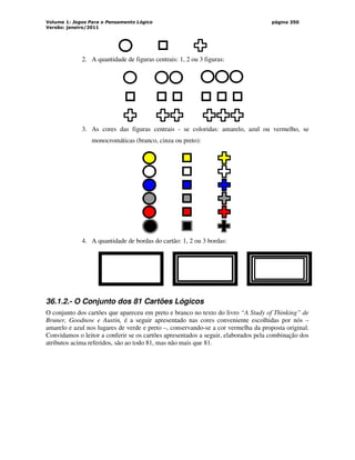 Volume 1: Jogos Para o Pensamento Lógico
Versão: janeiro/2011
página 350
2. A quantidade de figuras centrais: 1, 2 ou 3 figuras:
3. As cores das figuras centrais - se coloridas: amarelo, azul ou vermelho, se
monocromáticas (branco, cinza ou preto):
4. A quantidade de bordas do cartão: 1, 2 ou 3 bordas:
36.1.2.- O Conjunto dos 81 Cartões Lógicos
O conjunto dos cartões que apareceu em preto e branco no texto do livro “A Study of Thinking” de
Bruner, Goodnow e Austin, é a seguir apresentado nas cores conveniente escolhidas por nós –
amarelo e azul nos lugares de verde e preto –, conservando-se a cor vermelha da proposta original.
Convidamos o leitor a conferir se os cartões apresentados a seguir, elaborados pela combinação dos
atributos acima referidos, são ao todo 81, mas não mais que 81.
 