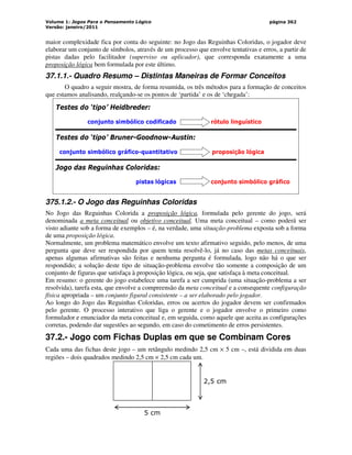 Volume 1: Jogos Para o Pensamento Lógico
Versão: janeiro/2011
página 362
maior complexidade fica por conta do seguinte: no Jogo das Reguinhas Coloridas, o jogador deve
elaborar um conjunto de símbolos, através de um processo que envolve tentativas e erros, a partir de
pistas dadas pelo facilitador (superviso ou aplicador), que corresponda exatamente a uma
proposição lógica bem formulada por este último.
37.1.1.- Quadro Resumo – Distintas Maneiras de Formar Conceitos
O quadro a seguir mostra, de forma resumida, os três métodos para a formação de conceitos
que estamos analisando, realçando-se os pontos de ‘partida’ e os de ‘chegada’:
Testes do ‘tipo’ Heidbreder:
conjunto simbólico codificado rótulo linguístico
Testes do ‘tipo’ Bruner-Goodnow-Austin:
conjunto simbólico gráfico-quantitativo proposição lógica
Jogo das Reguinhas Coloridas:
pistas lógicas conjunto simbólico gráfico
375.1.2.- O Jogo das Reguinhas Coloridas
No Jogo das Reguinhas Colorida a proposição lógica, formulada pelo gerente do jogo, será
denominada a meta conceitual ou objetivo conceitual. Uma meta conceitual – como poderá ser
visto adiante sob a forma de exemplos – é, na verdade, uma situação-problema exposta sob a forma
de uma proposição lógica.
Normalmente, um problema matemático envolve um texto afirmativo seguido, pelo menos, de uma
pergunta que deve ser respondida por quem tenta resolvê-lo, já no caso das metas conceituais,
apenas algumas afirmativas são feitas e nenhuma pergunta é formulada, logo não há o que ser
respondido; a solução deste tipo de situação-problema envolve tão somente a composição de um
conjunto de figuras que satisfaça à proposição lógica, ou seja, que satisfaça à meta conceitual.
Em resumo: o gerente do jogo estabelece uma tarefa a ser cumprida (uma situação-problema a ser
resolvida), tarefa esta, que envolve a compreensão da meta conceitual e a consequente configuração
física apropriada – um conjunto figural consistente – a ser elaborado pelo jogador.
Ao longo do Jogo das Reguinhas Coloridas, erros ou acertos do jogador devem ser confirmados
pelo gerente. O processo interativo que liga o gerente e o jogador envolve o primeiro como
formulador e enunciador da meta conceitual e, em seguida, como aquele que aceita as configurações
corretas, podendo dar sugestões ao segundo, em caso do cometimento de erros persistentes.
37.2.- Jogo com Fichas Duplas em que se Combinam Cores
Cada uma das fichas deste jogo – um retângulo medindo 2,5 cm × 5 cm –, está dividida em duas
regiões – dois quadrados medindo 2,5 cm × 2,5 cm cada um.
5 cm
2,5 cm
 