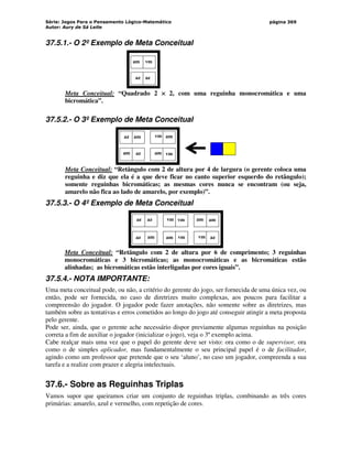 Série: Jogos Para o Pensamento Lógico-Matemático
Autor: Aury de Sá Leite
página 369
37.5.1.- O 2º Exemplo de Meta Conceitual
az az
am vm
Meta Conceitual: “Quadrado 2 ×
×
×
× 2, com uma reguinha monocromática e uma
bicromática”.
37.5.2.- O 3º Exemplo de Meta Conceitual
az
az am
am vm am
am vm
Meta Conceitual: “Retângulo com 2 de altura por 4 de largura (o gerente coloca uma
reguinha e diz que ela é a que deve ficar no canto superior esquerdo do retângulo);
somente reguinhas bicromáticas; as mesmas cores nunca se encontram (ou seja,
amarelo não fica ao lado de amarelo, por exemplo)”.
37.5.3.- O 4º Exemplo de Meta Conceitual
az
am am
az vm vm
az vm
am am
vm az
Meta Conceitual: “Retângulo com 2 de altura por 6 de comprimento; 3 reguinhas
monocromáticas e 3 bicromáticas; as monocromáticas e as bicromáticas estão
alinhadas; as bicromáticas estão interligadas por cores iguais”.
37.5.4.- NOTA IMPORTANTE:
Uma meta conceitual pode, ou não, a critério do gerente do jogo, ser fornecida de uma única vez, ou
então, pode ser fornecida, no caso de diretrizes muito complexas, aos poucos para facilitar a
compreensão do jogador. O jogador pode fazer anotações, não somente sobre as diretrizes, mas
também sobre as tentativas e erros cometidos ao longo do jogo até conseguir atingir a meta proposta
pelo gerente.
Pode ser, ainda, que o gerente ache necessário dispor previamente algumas reguinhas na posição
correta a fim de auxiliar o jogador (inicializar o jogo), veja o 3º exemplo acima.
Cabe realçar mais uma vez que o papel do gerente deve ser visto: ora como o de supervisor, ora
como o de simples aplicador, mas fundamentalmente o seu principal papel é o de facilitador,
agindo como um professor que pretende que o seu ‘aluno’, no caso um jogador, compreenda a sua
tarefa e a realize com prazer e alegria intelectuais.
37.6.- Sobre as Reguinhas Triplas
Vamos supor que queiramos criar um conjunto de reguinhas triplas, combinando as três cores
primárias: amarelo, azul e vermelho, com repetição de cores.
 