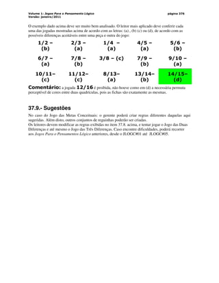Volume 1: Jogos Para o Pensamento Lógico
Versão: janeiro/2011
página 376
O exemplo dado acima deve ser muito bem analisado. O leitor mais aplicado deve conferir cada
uma das jogadas mostradas acima de acordo com as letras: (a) , (b) (c) ou (d), de acordo com as
possíveis diferenças aceitáveis entre uma peça e outra do jogo:
1/2 –
(b)
2/3 –
(a)
1/4 –
(a)
4/5 –
(a)
5/6 –
(b)
6/7 –
(a)
7/8 –
(b)
3/8 – (c) 7/9 –
(b)
9/10 –
(a)
10/11–
(c)
11/12–
(c)
8/13–
(a)
13/14–
(b)
14/15–
(d)
Comentário: a jogada 12/16 é proibida, não houve como em (d) a necessária permuta
perceptível de cores entre duas quadrículas, pois as fichas são exatamente as mesmas.
37.9.- Sugestões
No caso do Jogo das Metas Conceituais: o gerente poderá criar regras diferentes daquelas aqui
sugeridas. Além disto, outros conjuntos de reguinhas poderão ser criadas.
Os leitores devem modificar as regras exibidas no item 37.8. acima, e tentar jogar o Jogo das Duas
Diferenças e até mesmo o Jogo das Três Diferenças. Caso encontre dificuldades, poderá recorrer
aos Jogos Para o Pensamentos Lógico anteriores, desde o JLOGC#01 até JLOGC#05.
 