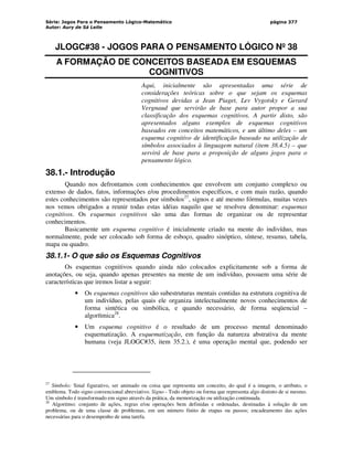 Série: Jogos Para o Pensamento Lógico-Matemático
Autor: Aury de Sá Leite
página 377
JLOGC#38 - JOGOS PARA O PENSAMENTO LÓGICO Nº 38
A FORMAÇÃO DE CONCEITOS BASEADA EM ESQUEMAS
COGNITIVOS
Aqui, inicialmente são apresentadas uma série de
considerações teóricas sobre o que sejam os esquemas
cognitivos devidas a Jean Piaget, Lev Vygotsky e Gerard
Vergnaud que servirão de base para autor propor a sua
classificação dos esquemas cognitivos. A partir disto, são
apresentados alguns exemplos de esquemas cognitivos
baseados em conceitos matemáticos, e um último deles – um
esquema cognitivo de identificação baseado na utilização de
símbolos associados à linguagem natural (item 38.4.5) – que
servirá de base para a proposição de alguns jogos para o
pensamento lógico.
38.1.- Introdução
Quando nos defrontamos com conhecimentos que envolvem um conjunto complexo ou
extenso de dados, fatos, informações e/ou procedimentos específicos, e com mais razão, quando
estes conhecimentos são representados por símbolos27
, signos e até mesmo fórmulas, muitas vezes
nos vemos obrigados a reunir todas estas idéias naquilo que se resolveu denominar: esquemas
cognitivos. Os esquemas cognitivos são uma das formas de organizar ou de representar
conhecimentos.
Basicamente um esquema cognitivo é inicialmente criado na mente do indivíduo, mas
normalmente, pode ser colocado sob forma de esboço, quadro sinóptico, síntese, resumo, tabela,
mapa ou quadro.
38.1.1- O que são os Esquemas Cognitivos
Os esquemas cognitivos quando ainda não colocados explicitamente sob a forma de
anotações, ou seja, quando apenas presentes na mente de um indivíduo, possuem uma série de
características que iremos listar a seguir:
• Os esquemas cognitivos são subestruturas mentais contidas na estrutura cognitiva de
um indivíduo, pelas quais ele organiza intelectualmente novos conhecimentos de
forma sintética ou simbólica, e quando necessário, de forma seqüencial –
algorítmica28
.
• Um esquema cognitivo é o resultado de um processo mental denominado
esquematização. A esquematização, em função da natureza abstrativa da mente
humana (veja JLOGC#35, item 35.2.), é uma operação mental que, podendo ser
27
Símbolo: Sinal figurativo, ser animado ou coisa que representa um conceito, do qual é a imagem, o atributo, o
emblema. Todo signo convencional abreviativo. Signo - Todo objeto ou forma que representa algo distinto de si mesmo.
Um símbolo é transformado em signo através da prática, da memorização ou utilização continuada.
28
Algoritmo: conjunto de ações, regras e/ou operações bem definidas e ordenadas, destinadas à solução de um
problema, ou de uma classe de problemas, em um número finito de etapas ou passos; encadeamento das ações
necessárias para o desempenho de uma tarefa.
 