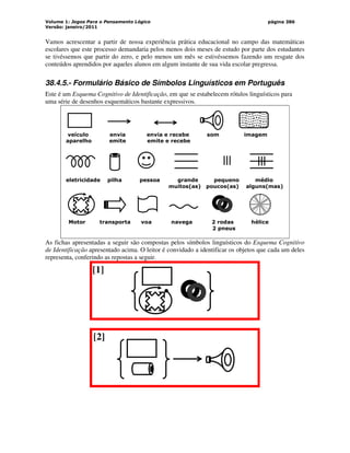 Volume 1: Jogos Para o Pensamento Lógico
Versão: janeiro/2011
página 386
Vamos acrescentar a partir de nossa experiência prática educacional no campo das matemáticas
escolares que este processo demandaria pelos menos dois meses de estudo por parte dos estudantes
se tivéssemos que partir do zero, e pelo menos um mês se estivéssemos fazendo um resgate dos
conteúdos aprendidos por aqueles alunos em algum instante de sua vida escolar pregressa.
38.4.5.- Formulário Básico de Símbolos Linguísticos em Português
Este é um Esquema Cognitivo de Identificação, em que se estabelecem rótulos linguísticos para
uma série de desenhos esquemáticos bastante expressivos.
veículo envia envia e recebe som imagem
aparelho emite emite e recebe
eletricidade pilha pessoa grande pequeno médio
muitos(as) poucos(as) alguns(mas)
Motor transporta voa navega 2 rodas hélice
2 pneus
As fichas apresentadas a seguir são compostas pelos símbolos linguísticos do Esquema Cognitivo
de Identificação apresentado acima. O leitor é convidado a identificar os objetos que cada um deles
representa, conferindo as repostas a seguir.
[1]
[2]
 