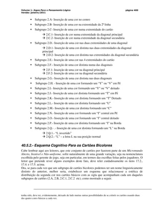 Volume 1: Jogos Para o Pensamento Lógico
Versão: janeiro/2011
página 400
 Subgrupo 2.A- Inserção de uma cor no centro
 Subgrupo 2.B- Inserção de uma cor na extremidade da 2ª linha
 Subgrupo 2.C- Inserção de uma cor numa extremidade do cartão
 2.C.1- Inserção de cor numa extremidade da diagonal principal
 2.C.2- Inserção de cor numa extremidade da diagonal secundária
 Subgrupo 2.D.- Inserção de uma cor nas duas extremidades de uma diagonal
 2.D.1- Inserção de uma cor distinta nas duas extremidades da diagonal
principal
 2.D.2- Inserção de uma cor distinta nas extremidades da diagonal secundária
 Subgrupo 2.E.- Inserção de uma cor nas 4 extremidades do cartão
 Subgrupo 2.F.- Inserção de uma cor distinta numa das diagonais
 2.F.1- Inserção de uma cor na diagonal principal
 2.F.2- Inserção de uma cor na diagonal secundária
 Subgrupo 2.G.- Inserção de uma cor distinta nas duas diagonais
 Subgrupo 2.H. - Inserção de uma cor formando um “Y” ou “V” em Pé
 Subgrupo 2.I.- Inserção de uma cor formando um “Y” ou “V” deitado
 Subgrupo 2.J.- Inserção de uma cor distinta formando um “T” em Pé
 Subgrupo 2.K.- Inserção de uma cor distinta formando um “T” Deitado
 Subgrupo 2.L.- Inserção de uma cor distinta formando um “U”
 Subgrupo 2.M.- Inserção de uma cor distinta formando um “C”
 Subgrupo 2.N.- Inserção de uma cor formando um “I” central em Pé
 Subgrupo 2.O.- Inserção de uma cor formando um “I” central deitado
 Subgrupo 2.P.- Inserção de uma cor distinta formando um “I” na Borda
 Subgrupo 2.Q.- .- Inserção de uma cor distinta formando um “L” na Borda
 2.Q.1.- “L invertido”
 2.Q.2.- “L” – a letra L na sua posição normal
40.5.2.- Esquema Cognitivo Para os Cartões Bicolores
Cabe lembrar aqui aos leitores, que este conjunto de cartões por fazerem parte de um Micromundo
Aberto, Instável e Não-uniforme, sofre naturalmente de uma grande variação, seja na nomenclatura
escolhida pelo gerente do jogo, seja em particular, em termos das escolhas feitas pelos jogadores. O
leitor que pretende rever alguns exemplos deste fato, deve reler cuidadosamente os itens 17.2.,
17.4. e 17.5. acima.
Ora, se para cada vez que um subgrupo de cartões bicolores podemos ter um nome linguisticamente
distinto do anterior, melhor seria, estabelecer um esquema que relacionasse a estética de
distribuição da segunda cor nos cartões básicos com as sigla que acompanham cada um daqueles
subgrupos de cartões (2.A, 2.B, 2.C.1, 2.C.2 etc), como mostrado a seguir.
tenha sido, deve ter, evidentemente, deixado de lado muitas outras possibilidades de se colorir os cartões usando duas
das quatro cores básicas a cada vez.
 