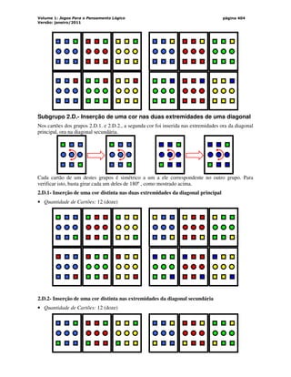 Volume 1: Jogos Para o Pensamento Lógico
Versão: janeiro/2011
página 404
Subgrupo 2.D.- Inserção de uma cor nas duas extremidades de uma diagonal
Nos cartões dos grupos 2.D.1. e 2.D.2., a segunda cor foi inserida nas extremidades ora da diagonal
principal, ora na diagonal secundária.
Cada cartão de um destes grupos é simétrico a um a ele correspondente no outro grupo. Para
verificar isto, basta girar cada um deles de 180º , como mostrado acima.
2.D.1- Inserção de uma cor distinta nas duas extremidades da diagonal principal
• Quantidade de Cartões: 12 (doze)
2.D.2- Inserção de uma cor distinta nas extremidades da diagonal secundária
• Quantidade de Cartões: 12 (doze)
 