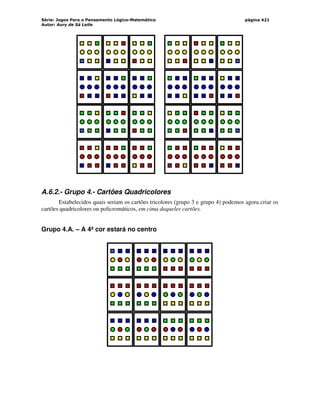 Série: Jogos Para o Pensamento Lógico-Matemático
Autor: Aury de Sá Leite
página 421
A.6.2.- Grupo 4.- Cartões Quadricolores
Estabelecidos quais seriam os cartões tricolores (grupo 3 e grupo 4) podemos agora criar os
cartões quadricolores ou policromáticos, em cima daqueles cartões.
Grupo 4.A. – A 4ª cor estará no centro
 