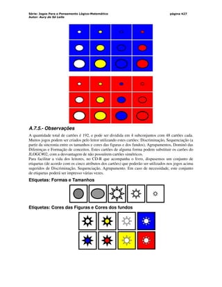Série: Jogos Para o Pensamento Lógico-Matemático
Autor: Aury de Sá Leite
página 427
A.7.5.- Observações
A quantidade total de cartões é 192, e pode ser dividida em 4 subconjuntos com 48 cartões cada.
Muitos jogos podem ser criados pelo leitor utilizando estes cartões: Discriminação, Sequenciação (a
partir da sincronia entre os tamanhos e cores das figuras e dos fundos), Agrupamentos, Dominó das
Diferenças e Formação de conceitos. Estes cartões de alguma forma podem substituir os carões do
JLOGC#02, com a desvantagem de não possuírem cartões simétricos.
Para facilitar a vida dos leitores, no CD-R que acompanha o livro, dispusemos um conjunto de
etiquetas (de acordo com os cinco atributos dos cartões) que poderão ser utilizados nos jogos acima
sugeridos de Discriminação, Sequenciação, Agrupamento. Em caso de necessidade, este conjunto
de etiquetas poderá ser impresso várias vezes.
Etiquetas: Formas e Tamanhos
Etiquetas: Cores das Figuras e Cores dos fundos
 