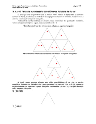 Série: Jogos Para o Pensamento Lógico-Matemático
Autor: Aury de Sá Leite
página 447
B.5.2.- O Tetraktis e as Gestalts dos Números Naturais de 0 a 10
O leitor já deve ter percebido que há muitas outras formas de representar os números
naturais de 0 a 10, escolhendo-se desde 1 até 9 dos pequenos círculos do Tetraktis, mas buscando a
simetria com relação ao suporte triangular.
No tocante à escolha simétrica dos círculos para a composição das quantidades numéricas,
vamos dar alguns exemplos a seguir, para as quantidades 1 e 2.
• Escolhas simétricas dos círculos com relação ao suporte triangular:
• Escolhas não-simétricas dos círculos com relação ao suporte triangular:
A seguir vamos mostrar algumas das várias possibilidades de se criar os cartões
numéricos baseados no Tetraktis que, particularmente, no caso do zero e do 10, tomam-se
respectivamente: (a) somente o suporte triangular sem nenhum círculo e (b) o próprio Tetraktis
sobre o suporte triangular.
0 (zero):
1 (um):
 