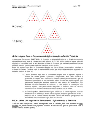 Volume 1: Jogos Para o Pensamento Lógico
Versão: janeiro/2011
página 450
9 (nove):
10 (dez):
B.5.4.- Jogos Para o Pensamento Lógico Usando o Cartão Tetraktis
Assim como fizemos no JLOGC#19 – A Gestalt e os Cartões Gestálticos –, depois de criarmos
aleatoriamente uma série de cartões para cada número de 0 a 10, iremos buscar a seguir, quais as
disposições escolhidos entre os dez pequenos círculos da Tetraktis, que melhor representam aqueles
números, ou seja, quais deles se mostram com uma melhor gestalt.
Estes são alguns Jogos Para o Pensamento Lógico em que o leitor é convidado a escolher o
conjunto de cartões Tetraktis, entre os apresentados acima, que melhor representam a sequência de
números naturais de 0 até 10.
• O nosso primeiro Jogo Para o Pensamento Lógico será o seguinte: separar e
analisar os cartões quanto a paridade e imparidade, bem como verificar a
quantidade de cartões pares e de cartões ímpares. O que podemos notar é que há
uma maior quantidade de possibilidades para a escolha dos números pares, que
apresentam disposições bastante simétricas em termos da distribuição dos
pequenos círculos constantes do Tetraktis. Já com relação às construções dos
números ímpares, será praticamente obrigatória a inclusão entre os círculos
selecionados, do círculo central ou de um dos vértices, ou de ambos.
• Um outro Jogo Para o Pensamento Lógico é verificar se foram esgotadas todas as
possibilidade de elaboração destes cartões a partir daquelas apresentadas acima –
para isto use os cartões com os pequenos círculos em branco, que poderão ser
preenchidos com o uso de um lápis preto ou colorido.
B.5.4.1.- Mais Um Jogo Para o Pensamento Lógico Usando o Tetraktis
Aqui está uma coleção de Cartões Triangulares com o Tetraktis para você desenhar as suas
escolhas de preenchimento dos pequenos círculos de um até dez, que se apresentem com a
melhor estética (melhor gestalt).
 