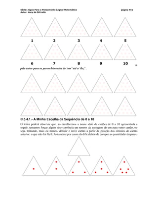 Série: Jogos Para o Pensamento Lógico-Matemático
Autor: Aury de Sá Leite
página 451
Veja ainda se você consegue algum tipo de preenchimento diferente daqueles sugeridos
pelo autor para os preenchimentos do ‘um’ até o ‘dez’ .
B.5.4.1.- A Minha Escolha da Sequência de 0 a 10
O leitor poderá observar que, ao escolhermos a nossa série de cartões de 0 a 10 apresentada a
seguir, tentamos forçar algum tipo coerência em termos da passagem de um para outro cartão, ou
seja, tentando, mais ou menos, derivar o novo cartão à partir da posição dos círculos do cartão
anterior, o que não foi fácil. Justamente por causa da dificuldade de compor as quantidades ímpares.
1 2 3 4 5
6 7 8 9 10
 