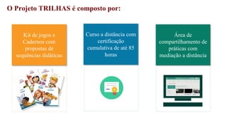 O Projeto TRILHAS é composto por:
Kit de jogos e
Cadernos com
propostas de
sequências didáticas
Curso a distância com
certificação
cumulativa de até 85
horas
Área de
compartilhamento de
práticas com
mediação a distância
 