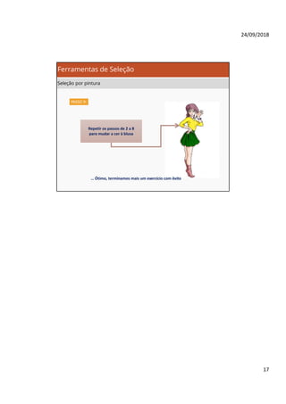 24/09/2018
17
PASSO 9:
Repetir os passos de 2 a 8
para mudar a cor à blusa
… Ótimo, terminamos mais um exercício com êxito
Ferramentas de Seleção
Seleção por pintura
 