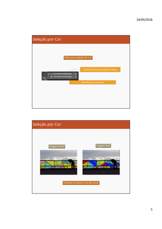 24/09/2018
5
Seleção por Cor
Menu para seleção por corMenu para seleção por cor
Selecionar passo a passo as áreas
Semelhança cromática
Seleção por Cor
Imagem FinalImagem Inicial
Pretende-se alterar a cor por áreasPretende-se alterar a cor por áreas
 