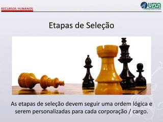 Etapas de Seleção

As etapas de seleção devem seguir uma ordem lógica e
serem personalizadas para cada corporação / cargo.

 