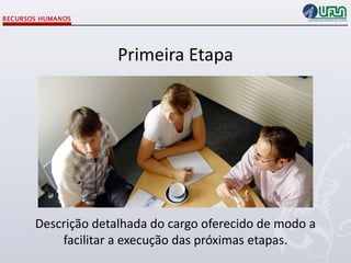 Primeira Etapa

Descrição detalhada do cargo oferecido de modo a
facilitar a execução das próximas etapas.

 