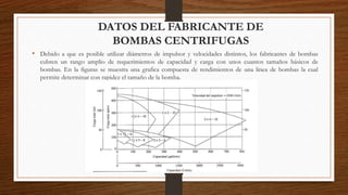 DATOS DEL FABRICANTE DE
BOMBAS CENTRIFUGAS
• Debido a que es posible utilizar diámetros de impulsor y velocidades distintos, los fabricantes de bombas
cubren un rango amplio de requerimientos de capacidad y carga con unos cuantos tamaños básicos de
bombas. En la figuras se muestra una grafica compuesta de rendimientos de una línea de bombas la cual
permite determinar con rapidez el tamaño de la bomba.
 
