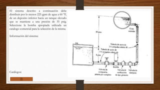El sistema descrito a continuación debe
distribuir por lo menos 225 gpm de agua a 60 °F,
de un deposito inferior hacia un tanque elevado
que se mantiene a una presión de 35 psig.
Seleccione la bomba apropiada utilizada un
catalogo comercial para la selección de la misma.
Información del sistema:
Catálogos:
 