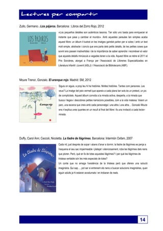 14 
Lectures per compartir 
Lectures per compartir 
Zullo, Germano . Los pájaros. Barcelona : Libros del Zorro Rojo, 2012 
«Los pequeños detalles son auténticos tesoros. Tan sólo uno basta para enriquecer el 
instante que pasa y cambiar el mundo». Amb aquestes paraules tan simples acaba 
aquest llibre: un àlbum il·lustrat on les imatges gairebé parlen per si soles i amb un text 
molt simple, abstracte i concís que ens parla dels petits detalls, de les petites coses que 
sovint ens passen inadvertides i de la importància de saber aprendre i reconèixer el valor 
que aquests detalls minúsculs a vegades tenen a la vida. Aquest llibre va rebre el 2011 el 
Prix Sorcières, atorgat a França per l’Associació de Llibreries Especialitzades en 
Literatura Infantil i Juvenil (ASLJ) i l’Associació de Bibliotecaris (ABF). 
Moure Trenor, Gonzalo. El arenque rojo. Madrid: SM, 2012 
Siguis on siguis, a prop teu hi ha històries. Moltes històries. Tantes com persones. Les 
veus? La imatge del peix vermell que apareix a cada plana tan sols és un pretext, un joc 
de complicitats. Aquest àlbum convida a la mirada activa, desperta, a la mirada que 
busca i llegeix i descobreix petites narracions possibles, com a la vida mateixa. Veiem un 
parc, una escena que creix amb cada personatge i una altra i una altra… Gonzalo Moure 
ens n’explica unes quantes en un recull al final del llibre i fa una invitació a cada lector-mirada. 
Duffy, Carol Ann; Ceccoli, Nicoletta. La lladre de llàgrimes. Barcelona: Intermón Oxfam, 2007 
Cada nit, just després de sopar i abans d’anar a dormir, la lladre de llàgrimes es penja a 
l’esquena el seu sac impermeable i platejat i silenciosament, roba les llàgrimes dels nens 
que ploren. Però, què en fa de totes aquestes llàgrimes? I per què les llàgrimes de 
tristesa veritable són les més especials de totes? 
Un conte que no amaga l’existència de la tristesa però que ofereix una solució 
imaginària. Qui sap…, pot ser si entrenem els nens a buscar solucions imaginàries, quan 
siguin adults ja hi estaran acostumats i en trobaran de reals. 
 