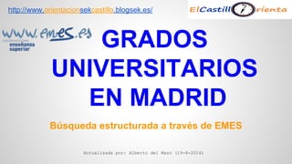 http://www.orientacionsekcastillo.blogsek.es/ 
GRADOS 
UNIVERSITARIOS 
EN MADRID 
Búsqueda estructurada a través de EMES 
Actualizada por: Alberto del Mazo (19-X-2014) 
 