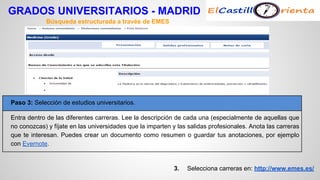 GRADOS UNIVERSITARIOS - MADRID 
3. Selecciona carreras en: http://www.emes.es/ 
Búsqueda estructurada a través de EMES 
Paso 3: Selección de estudios universitarios. 
Entra dentro de las diferentes carreras. Lee la descripción de cada una (especialmente de aquellas que no 
conozcas) y fíjate en las universidades que la imparten y las salidas profesionales. Anota las carreras que 
te interesan. Puedes crear un documento como resumen o guardar tus anotaciones, por ejemplo con 
Evernote. 
 