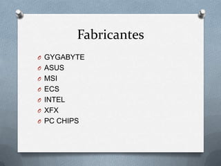 Fabricantes
O GYGABYTE
O ASUS
O MSI
O ECS
O INTEL
O XFX
O PC CHIPS
 
