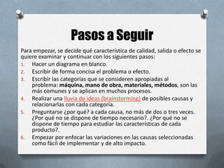 Pasos a Seguir
Para empezar, se decide qué característica de calidad, salida o efecto se
quiere examinar y continuar con los siguientes pasos:
1. Hacer un diagrama en blanco.
2. Escribir de forma concisa el problema o efecto.
3. Escribir las categorías que se consideren apropiadas al
problema: máquina, mano de obra, materiales, métodos, son las
más comunes y se aplican en muchos procesos.
4. Realizar una lluvia de ideas (brainstorming) de posibles causas y
relacionarlas con cada categoría.
5. Preguntarse ¿por qué? a cada causa, no más de dos o tres veces.
¿Por qué no se dispone de tiempo necesario?. ¿Por qué no se
dispone de tiempo para estudiar las características de cada
producto?.
6. Empezar por enfocar las variaciones en las causas seleccionadas
como fácil de implementar y de alto impacto.

 
