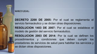 MARCOLEGAL:
DECRETO 2200 DE 2005: Por el cual se reglamenta el
servicio farmacéutico y se dictan otras disposiciones.
RESO...