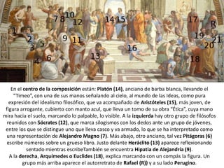 En el centro de la composición están: Platón (14), anciano de barba blanca, llevando el
     “Timeo”, con una de sus manos señalando al cielo, al mundo de las Ideas, como pura
   expresión del idealismo filosófico, que va acompañado de Aristóteles (15), más joven, de
 figura arrogante, cubierto con manto azul, que lleva un tomo de su obra “Ética”, cuya mano
mira hacia el suelo, marcando lo palpable, lo visible. A la izquierda hay otro grupo de filósofos
  reunidos con Sócrates (12), que marca silogismos con los dedos ante un grupo de jóvenes,
 entre los que se distingue uno que lleva casco y va armado, lo que se ha interpretado como
  una representación de Alejandro Magno (7). Más abajo, otro anciano, tal vez Pitágoras (6)
  escribe números sobre un grueso libro. Justo delante Heráclito (13) aparece reflexionando
           sentado mientras escribeTambién se encuentra Hipatia de Alejandría (9).
   A la derecha, Arquímedes o Euclides (18), explica marcando con un compás la figura. Un
         grupo más arriba aparece el autorretrato de Rafael (R)) y a su lado Perugino.
 