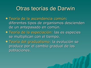 Otras teorías de Darwin Teoría de la ascendencia común : diferentes tipos de organismos descienden de un antepasado en común. Teoría de la especiación:  las es especies se multiplican con el tiempo. Teoría del gradualismo : la evolución se produce por el cambio gradual de las poblaciones. 