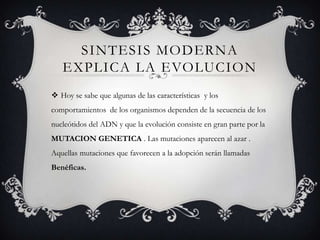 SINTESIS MODERNA
   EXPLICA LA EVOLUCION
 Hoy se sabe que algunas de las características y los
comportamientos de los organismos dependen de la secuencia de los
nucleótidos del ADN y que la evolución consiste en gran parte por la
MUTACION GENETICA . Las mutaciones aparecen al azar .
Aquellas mutaciones que favorecen a la adopción serán llamadas
Benéficas.
 