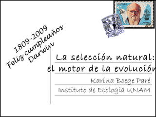 Karina Boege Paré
Instituto de Ecología UNAM
La selección natural:
el motor de la evolución
1809-2009
Feliz
cum
pleaños
D
arwin
 