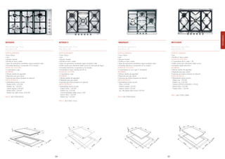 ENCIMERAS
SE93Sgh3                                                      SE70Sgh-5                                                             SER60Sgh3                                                     SRV576gh5

Placa cocción a gas, 90 cm,                                   Placa cocción a gas, 70 cm,                                           Placa cocción a gas, 60 cm,                                   Placa cocción a gas, 70 cm,
Línea clásica, inox                                           Línea clásica, inox                                                   Línea clásica, inox                                           Línea evolución, inox

ESTÉTICA/MANDOS                                               ESTÉTICA/MANDOS                                                       ESTÉTICA/MANDOS                                               ESTETICA Y MANDOS
. Línea Clásica                                               . Línea Clásica                                                       . Línea Clásica                                               . Inox
. Inox                                                        . Inox                                                                . Inox                                                        . Parrillas en hierro colado
. Mandos laterales                                            . Mandos frontales                                                    . Mandos frontales                                            ZONAS DE COCCIÓN
. Parrillas en hierro colado                                  . Parrillas en hierro colado                                          . Parrillas en hierro colado                                  . 5 quemadores de lo cuales 1 UR
. Tapas de quemadores esmaltadas negras (acabado mate)        . Tapas de quemadores esmaltadas negras (acabado mate)                . Tapas de quemadores esmaltadas negras (acabado mate)        . Doble mando para ultra-rápido doble corona
. Encendido electrónico incorporado en los mandos             . Doble mando para ultrarápido doble corona (3 soluciones de fuego)   . Encendido electrónico incorporado en los mandos             . Encendido rápido electrónico
ZONAS DE COCCIÓN                                              . Encendido electrónico incorporado en los mandos                     ZONAS DE COCCIÓN                                              SEGURIDAD
. 5 quemadores a gas                                          . Encastrable en hueco standard de 56 cm.                             . 4 quemadores en cruz a gas (1 ultrarápido)                  . Válvulas rápidas de seguridad
SEGURIDAD                                                     ZONAS DE COCCIÓN                                                      SEGURIDAD                                                     . Preparada para gas natural
. Válvulas rápidas de seguridad                               . 5 quemadores a gas                                                  . Válvulas rápidas de seguridad                               . Inyectores gas butano/propano en dotación
. Preparada para gas natural                                  SEGURIDAD                                                             . Preparada para gas natural                                  DATOS TÉCNICOS
. Inyectores gas butano/propano en dotación                   . Válvulas rápidas de seguridad                                       . Inyectores gas butano/propano en dotación                   . Quemadores/zonas cocción:
DATOS TÉCNICOS                                                . Preparada para gas natural                                          DATOS TÉCNICOS                                                   Anterior izq. 1,05 kW
. Quemadores/zonas cocción:                                   . Inyectores gas butano/propano en dotación                           . Quemadores/zonas cocción:                                      Posterior izq. 2,55 kW
   Posterior dcha. 2,55 kW                                    DATOS TÉCNICOS                                                           Dcha. 2,55 kW                                                 Central 5,00 kW (3,90 kW+1,10 Kw)
   Posterior izq. 1,65 kW                                     . Quemadores/zonas cocción:                                              Posterior central.1,65 kW                                     Anterior dcha.1,65 kW
   Central pescera 2,90 kW                                       Posterior dcha. 1,65 kW                                               Anterior central.1,05 kW                                      Posterior dcha. 1,65 kW
   Anterior dcha.1,05 kW                                         Posterior izq. 2,55 kW                                                Izq. ultra rápido triple corona.3,90 kW
   Anterior izq. triple corona. 4,05 kW                          Central ultrarápido doble corona 5 kW
                                                                 Anterior dcha. 1,65 kW                                                                                                           EAN13 8017709112998
EAN13: 8017709105723                                             Anterior izq. 1,05 kW                                              EAN13 8017709105235

                                                              EAN13: 8017709113162




                                                         24                                                                                                                                  25
 