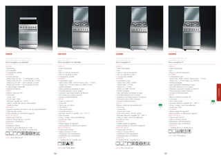 c6Imx8                                                             cx61gV8                                                    cx68m8                                                   cx60sV8

Cocina libre instalación, inox, inducción,                         Cocina libre instalación, inox,                            Cocina libre instalación, inox,                          Cocina libre instalación, inox,
horno multifunción termoventilado, 60 cm                           horno a gas, 60 cm                                         horno multifunción, 60 cm                                horno multifunción, 60 cm
Clase energética no aplicable                                      Clase energética no aplicable                              Clase energética A                                       Clase energética A

ESTÉTICA                                                           ESTÉTICA                                                   ESTÉTICA                                                 ESTÉTICA
. Diseño Recto                                                     . Diseño Redondeado                                        . Diseño Redondeado                                      . Diseño Redondeado
. Inox anti-huella                                                 . Inox                                                     . Inox                                                   . Inox
. Compartimento abatible                                           . Tapa en cristal gris transparente                        . Tapa en cristal gris transparente                      . Tapa en cristal gris transparente
ENCIMERAS                                                          . Pies inox regulables en altura                           . Pies inox regulables en altura                         ENCIMERA
. 4 zonas Inducción                                                . Compartimento abatible                                   . Compartimento abatible                                 . 4 quemadores a gas
  Anterior dcha. Ø 145 – 1,1 kW (booster 2,2 kW)                   ENCIMERA                                                   ENCIMERA                                                   Anterior dcha. (AUX) 1,00 kW, Posterior dcha. 1,75 kW
  Posterior dcha. Ø 210 – 2,3 kW (booster 3,7 kW)                  . 4 quemadores a gas:                                      . 4 quemadores a gas                                       Posterior izq. 1,75 kW, Anterior izq. 3,00 kW
  Posterior izq. Ø 180 – 1,85 kw (booster 3,0 kW)                    Anterior dcha. (AUX) 1,00 kW, Posterior dcha. 1,75 kW,     Anterior dcha. (AUX) 1,00 kW                           . Parrillas esmaltadas
  Anterior izq. Ø 180 – 1,85 kw (booster 3,0 kW)                     Posterior izq. 1,75 kW, Anterior izq. (URP) 3,50 kW        Posterior dcha. 1,75 kW                                . Tapas quemadores esmaltadas en negro
. Cristal ecológico Suprema®                                       . Parrillas esmaltadas                                       Posterior izq. 1,75 kW                                 . Encendido electrónico en los mandos
. Rasqueta en dotación                                             . Tapas quemadores esmaltadas en negro                       Anterior izq. (URP) 3,50 kW                            . Inyectores a gas butano/propano en dotación




                                                                                                                                                                                                                                                 COCINAS
HORNO                                                              . Encendido electrónico en los mandos                      . Parrillas esmaltadas                                   . Fácil acceso para cambio inyectores
. Eléctrico multifunción 68 l                                      . Inyectores a gas butano/propano en dotación              . Tapas quemadores esmaltadas en negro                   . Encimera anti-derramamientos
. 9 funciones :                                                    . Fácil acceso para cambio inyectores                      . Encendido electrónico en los mandos                    HORNO
  Función turbo                                                    . Encimera anti-derramamientos                             . Inyectores a gas butano/propano en dotación            . Eléctrico multifunción ventilado 60 l
  Función Vapor Clean                                              HORNO                                                      . Fácil acceso para cambio inyectores                    . 6 funciones:
  Termostato regulable 50° - 260°C                                 . A gas con válvula 60 l                                   . Encimera anti-derramamientos                           . Timer cuenta minutos
  Puerta 3 cristales (dos interiores desmontables)                 . 4 funciones                                              HORNO                                                    . Termostato electrónico regulable 50 ° - 260 ° C
  Esmalte Ever-clean                                               . Opción gas con válvula                                   . Eléctrico multifunción termoventilado 68 l             . Puerta 2 cristales, interior termoreflectante
SEGURIDAD                                                          . Grill eléctrico                                          . 9 funciones:                                           . Esmalte Ever Clean
. Apagado automático encimera en caso de sobrecalentamiento        . Timer cuenta minutos                                       Función turbo                                          SEGURIDAD
. Pilotos de calor residual                                        . Encendido electrónico                                      Función Vapor Clean                                    . Válvulas rápidas de seguridad
. Puerta ventilada con enfriamiento tangencial                     . Termostato electrónico regulable 120 ° - 275 ° C         . Timer cuenta minutos - final de cocción                . Puerta ventilada con enfriamiento tangencial
DATOS TÉCNICOS                                                     . Piloto termostato                                        . Termostato electrónico regulable 50 ° - 260 ° C        DATOS TÉCNICOS
. Potencia grill: 2,00 kW                                          . Puerta 2 cristales, interior termoreflectante            . Puerta 2 cristales, interior termoreflectante          . Potencia grill 2,00 kW
. Potencia nominal eléctrica: 10,6 kW                              . Esmalte Ever Clean                                       . Esmalte Ever Clean                                     . Potencia nominal 3,00 kW
. Dimensiones: 60x60x85cm                                          SEGURIDAD                                                  SEGURIDAD                                                . Dimensiones: LxPxH 60x60x85cm
DOTACIÓN                                                           . Válvulas rápidas de seguridad                            . Válvulas rápidas de seguridad                          . Dimensiones tapa: LxH 60x60cm
. Rasqueta en dotación                                             . Puerta ventilada con enfriamiento tangencial             . Puerta ventilada con enfriamiento tangencial           DOTACIÓN
. Soporte con guías telescópicas a 1 nivel                         DATOS TÉCNICOS                                             DATOS TÉCNICOS                                           . 1 bandeja 40 mm, 2 parrillas horno
. 1 bandeja 40mm y una 20mm, 2 parrillas horno                     . Potencia grill 2,00 kW                                   . Potencia grill 2,00 kW
                                                                   . Potencia nominal 2,10 kW                                 . Potencia nominal 3,00 kW
                                                                   . Dimensiones: LxPxH 60x60x85cm                            . Dimensiones: LxPxH 60x60x85cm
                                                                   . Dimensiones tapa: LxH 60x60cm                            . Dimensiones tapa: LxH 60x60cm                          EAN13 8017709148010
EAN13 8017709150167                                                DOTACIÓN                                                   DOTACIÓN
                                                                   . 1 bandeja 40 mm, 2 parrillas horno                       . 1 bandeja 40 mm, 2 parrillas horno




                                                                   EAN13 8017709148027                                        EAN13 8017709147167


                                                              54                                                                                                                  55
 