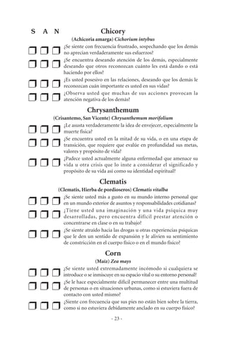 Chicory
(Achicoria amarga) Cichorium intybus
❒ ❒ ❒
¿Se siente con frecuencia frustrado, sospechando que los demás
no aprecian verdaderamente sus esfuerzos?
❒ ❒ ❒
¿Se encuentra deseando atención de los demás, especialmente
deseando que otros reconozcan cuánto les está dando o está
haciendo por ellos?
❒ ❒ ❒
¿Es usted posesivo en las relaciones, deseando que los demás le
reconozcan cuán importante es usted en sus vidas?
❒ ❒ ❒
¿Observa usted que muchas de sus acciones provocan la
atención negativa de los demás?
Chrysanthemum
(Crisantemo, San Vicente) Chrysanthemum morifolium
❒ ❒ ❒
¿Le asusta verdaderamente la idea de envejecer, especialmente la
muerte física?
❒ ❒ ❒
¿Se encuentra usted en la mitad de su vida, o en una etapa de
transición, que requiere que evalúe en profundidad sus metas,
valores y propósito de vida?
❒ ❒ ❒
¿Padece usted actualmente alguna enfermedad que amenace su
vida u otra crisis que lo inste a considerar el significado y
propósito de su vida así como su identidad espiritual?
Clematis
(Clematis, Hierba de pordioseros) Clematis vitalba
❒ ❒ ❒
¿Se siente usted más a gusto en su mundo interno personal que
en un mundo exterior de asuntos y responsabilidades cotidianas?
❒ ❒ ❒
¿Tiene usted una imaginación y una vida psíquica muy
desarrolladas, pero encuentra difícil prestar atención o
concentrarse en clase o en su trabajo?
❒ ❒ ❒
¿Se siente atraído hacia las drogas u otras experiencias psíquicas
que le den un sentido de expansión y le alivien su sentimiento
de constricción en el cuerpo físico o en el mundo físico?
Corn
(Maíz) Zea mays
❒ ❒ ❒
¿Se siente usted extremadamente incómodo si cualquiera se
introduce o se inmiscuye en su espacio vital o su entorno personal?
❒ ❒ ❒
¿Se le hace especialmente difícil permanecer entre una multitud
de personas o en situaciones urbanas, como si estuviera fuera de
contacto con usted mismo?
❒ ❒ ❒
¿Siente con frecuencia que sus pies no están bien sobre la tierra,
como si no estuviera debidamente anclado en su cuerpo físico?
- 23 -
S A N
 