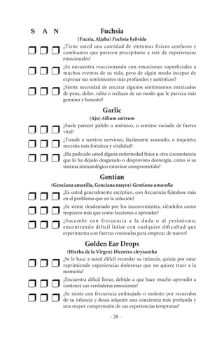 Fuchsia
(Fucsia, Aljaba) Fuchsia hybrida
❒ ❒ ❒
¿Tiene usted una cantidad de síntomas físicos confusos y
cambiantes que parecen precipitarse a raíz de experiencias
emocionales?
❒ ❒ ❒
¿Se encuentra reaccionando con emociones superficiales a
muchos eventos de su vida, pero de algún modo incapaz de
expresar sus sentimientos más profundos y auténticos?
❒ ❒ ❒
¿Siente necesidad de encarar algunos sentimientos enraizados
de pena, dolor, rabia o rechazo de un modo que le parezca más
genuino y honesto?
Garlic
(Ajo) Allium sativum
❒ ❒ ❒
¿Suele parecer pálido o anémico, o sentirse vaciado de fuerza
vital?
❒ ❒ ❒
¿Tiende a sentirse nervioso, fácilmente asustado, o inquieto;
necesita más fortaleza y vitalidad?
❒ ❒ ❒
¿Ha padecido usted alguna enfermedad física u otra circunstancia
que lo ha dejado desganado o desprovisto deenergía, como si su
sistema inmunológico estuviese comprometido?
Gentian
(Genciana amarilla, Genciana mayor) Gentiana amarella
❒ ❒ ❒
¿Es usted generalmente escéptico, con frecuencia fijándose más
en el problema que en la solución?
❒ ❒ ❒
¿Se siente desalentado por los inconvenientes, viéndolos como
tropiezos más que como lecciones a aprender?
❒ ❒ ❒
¿Sucumbe con frecuencia a la duda o al pesimismo,
encontrando difícil lidiar con cualquier dificultad que
experimenta con fuerzas renovadas para empezar de nuevo?
Golden Ear Drops
(Hierba de la Virgen) Dicentra chrysantha
❒ ❒ ❒
¿Se le hace a usted difícil recordar su infancia, quizás por estar
reprimiendo experiencias dolorosas que no quiere traer a la
memoria?
❒ ❒ ❒
¿Encuentra difícil llorar, debido a que hace mucho aprendió a
contener sus verdaderas emociones?
❒ ❒ ❒
¿Se siente con frecuencia embrujado o molesto por recuerdos
de su infancia y desea adquirir una conciencia más profunda y
una mayor comprensión de sus experiencias tempranas?
- 28 -
S A N
 
