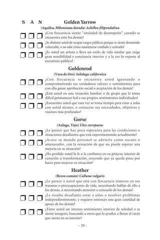 Golden Yarrow
(Aquilea, Milenrama dorada) Achillea filipendulina
❒ ❒ ❒
¿Con frecuencia siente “ansiedad de desempeño” cuando se
encuentra ante los demás?
❒ ❒ ❒
¿Se abstiene usted de ocupar cargos públicos porque se siente demasiado
vulnerable, o no sabe cómo mantenerse confiado y centrado?
❒ ❒ ❒
¿Es usted un artista o lleva un estilo de vida similar que exige
gran sensibilidad y conciencia interior y a la vez lo expone al
escrutinio público?
Goldenrod
(Vara de Oro) Solidago californica
❒ ❒ ❒
¿Con frecuencia se encuentra usted ignorando o
comprometiendo sus verdaderos valores o sentimientos para
con ello ganar aprobación social o aceptación de los demás?
❒ ❒ ❒
¿Está usted en una situación familiar o de grupo que le torna
difícil permanecer leal a sus propios sentimientos individuales?
❒ ❒ ❒
¿Encuentra usted que rara vez se toma tiempo para estar a solas
con usted mismo, o contactar sus necesidades, objetivos y
visiones más profundas?
Gorse
(Aulaga, Tojo) Ulex europaeus
❒ ❒ ❒
¿Le parece que hay poca esperanza para las condiciones o
situaciones desafiantes que está experimentando actualmente?
❒ ❒ ❒
¿Acaso su mundo personal se advierte como oscuro o
amenazador, con la sensación de que no puede esperar una
mejoría en su situación?
❒ ❒ ❒
¿Ha perdido usted la fe o la confianza en su proceso interior de
curación o transformación, creyendo que ya queda poco por
hacer para mejorar su situación?
Heather
(Brezo común) Calluna vulgaris
❒ ❒ ❒
¿Le parece a usted que está con frecuencia inmerso en sus
traumas o preocupaciones de vida, necesitando hablar de ello a
los demás, o necesitando atención o consuelo de los demás?
❒ ❒ ❒
¿Le resulta desafiante estar a solas o resolver problemas
independientemente, y requiere entonces una gran cantidad de
apoyo de los demás?
❒ ❒ ❒
¿Tiene usted un intenso sentimiento interior de soledad o se
siente inseguro, buscando a otros que lo ayuden a llenar el vacío
que siente en su interior?
- 29 -
S A N
 
