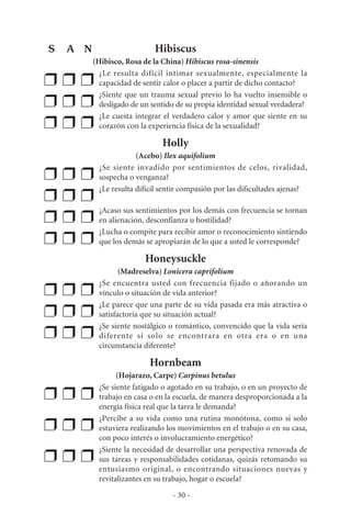 Hibiscus
(Hibisco, Rosa de la China) Hibiscus rosa-sinensis
❒ ❒ ❒
¿Le resulta difícil intimar sexualmente, especialmente la
capacidad de sentir calor o placer a partir de dicho contacto?
❒ ❒ ❒
¿Siente que un trauma sexual previo lo ha vuelto insensible o
desligado de un sentido de su propia identidad sexual verdadera?
❒ ❒ ❒
¿Le cuesta integrar el verdadero calor y amor que siente en su
corazón con la experiencia física de la sexualidad?
Holly
(Acebo) Ilex aquifolium
❒ ❒ ❒
¿Se siente invadido por sentimientos de celos, rivalidad,
sospecha o venganza?
❒ ❒ ❒
¿Le resulta difícil sentir compasión por las dificultades ajenas?
❒ ❒ ❒
¿Acaso sus sentimientos por los demás con frecuencia se tornan
en alienación, desconfianza u hostilidad?
❒ ❒ ❒
¿Lucha o compite para recibir amor o reconocimiento sintiendo
que los demás se apropiarán de lo que a usted le corresponde?
Honeysuckle
(Madreselva) Lonicera caprifolium
❒ ❒ ❒
¿Se encuentra usted con frecuencia fijado o añorando un
vínculo o situación de vida anterior?
❒ ❒ ❒
¿Le parece que una parte de su vida pasada era más atractiva o
satisfactoria que su situación actual?
❒ ❒ ❒
¿Se siente nostálgico o romántico, convencido que la vida sería
diferente si solo se encontrara en otra era o en una
circunstancia diferente?
Hornbeam
(Hojarazo, Carpe) Carpinus betulus
❒ ❒ ❒
¿Se siente fatigado o agotado en su trabajo, o en un proyecto de
trabajo en casa o en la escuela, de manera desproporcionada a la
energía física real que la tarea le demanda?
❒ ❒ ❒
¿Percibe a su vida como una rutina monótona, como si solo
estuviera realizando los movimientos en el trabajo o en su casa,
con poco interés o involucramiento energético?
❒ ❒ ❒
¿Siente la necesidad de desarrollar una perspectiva renovada de
sus tareas y responsabilidades cotidanas, quizás retomando su
entusiasmo original, o encontrando situaciones nuevas y
revitalizantes en su trabajo, hogar o escuela?
- 30 -
S A N
 