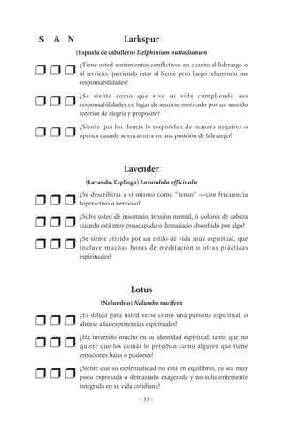 Larkspur
(Espuela de caballero) Delphinium nuttallianum
❒ ❒ ❒
¿Tiene usted sentimientos conflictivos en cuanto al liderazgo o
al servicio, queriendo estar al frente pero luego rehuyendo sus
responsabilidades?
❒ ❒ ❒
¿Se siente como que vive su vida cumpliendo sus
responsabilidades en lugar de sentirse motivado por un sentido
interior de alegría y propósito?
❒ ❒ ❒
¿Siente que los demás le responden de manera negativa o
apática cuando se encuentra en una posición de liderazgo?
Lavender
(Lavanda, Espliego) Lavandula officinalis
❒ ❒ ❒
¿Se describiría a sí mismo como “tenso” —con frecuencia
hiperactivo o nervioso?
❒ ❒ ❒
¿Sufre usted de insomnio, tensión mental, o dolores de cabeza
cuando está muy preocupado o demasiado absorbido por algo?
❒ ❒ ❒
¿Se siente atraído por un estilo de vida muy espiritual, que
incluye muchas horas de meditación u otras prácticas
espirituales?
Lotus
(Nelumbio) Nelumbo nucifera
❒ ❒ ❒
¿Es difícil para usted verse como una persona espiritual, o
abrirse a las experiencias espirituales?
❒ ❒ ❒
¿Ha invertido mucho en su identidad espiritual, tanto que no
quiere que los demás lo perciban como alguien que tiene
emociones bajas o pasiones?
❒ ❒ ❒
¿Siente que su espiritualidad no está en equilibrio, ya sea muy
poco expresada o demasiado exagerada y no suficientemente
integrada en su vida cotidiana?
- 33 -
S A N
 