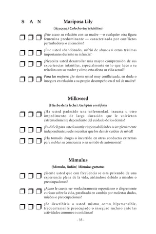 Mariposa Lily
(Azucena) Calochortus leichtlinii
❒ ❒ ❒
¿Fue acaso su relación con su madre —o cualquier otra figura
femenina predominante — caracterizada por conflictos
perturbadores o alienación?
❒ ❒ ❒
¿Fue usted abandonado, sufrió de abusos u otros traumas
importantes durante su infancia?
❒ ❒ ❒
¿Necesita usted desarrollar una mayor comprensión de sus
experiencias infantiles, especialmente en lo que hace a su
relación con su madre y cómo esta afecta su vida actual?
❒ ❒ ❒
Para las mujeres: ¿Se siente usted muy conflictuada, en duda o
insegura en relación a su propio desempeño en el rol de madre?
Milkweed
(Hierba de la leche) Asclepias cordifolia
❒ ❒ ❒
¿Ha usted padecido una enfermedad, trauma u otro
impedimento de larga duración que le volvieron
extremadamente dependiente del cuidado de los demás?
❒ ❒ ❒
¿Es difícil para usted asumir responsabilidades o ser plenamente
independiente; suele necesitar que los demás cuiden de usted?
❒ ❒ ❒
¿Ha tomado drogas o incurrido en otras conductas extremas
para nublar su conciencia o su sentido de autonomía?
Mimulus
(Mímulo, Bufón) Mimulus guttatus
❒ ❒ ❒
¿Siente usted que con frecuencia se está privando de una
experiencia plena de la vida, aislándose debido a miedos o
preocupaciones?
❒ ❒ ❒
¿Acaso le cuesta ser verdaderamente espontáneo o alegremente
curioso sobre la vida, paralizado en cambio por molestas dudas,
miedos o preocupaciones?
❒ ❒ ❒
¿Se describiría a usted mismo como hipersensible,
frecuentemente preocupado o inseguro incluso ante las
actividades comunes o cotidianas?
- 35 -
S A N
 